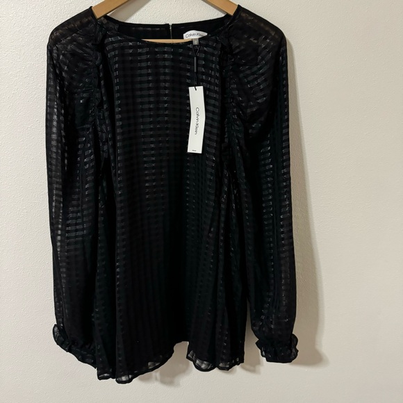 Calvin Klein Tops - Calvin Klein Balloon Sleeve Illusion Stripe Peasant Blouse Black Ruffle NWT-2X